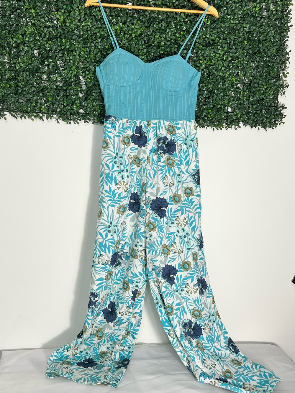 Band Of Gypsies Collective Blue Teal Floral Wide Leg Jumpsuit NWT Size Small